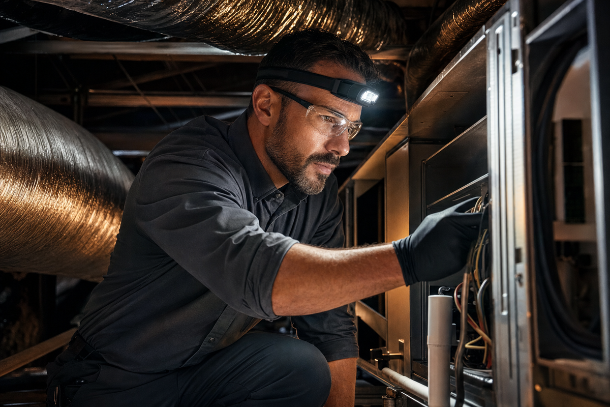 Lightbar headlamp for a commercial duct cleaning technician working in an HVAC plenum